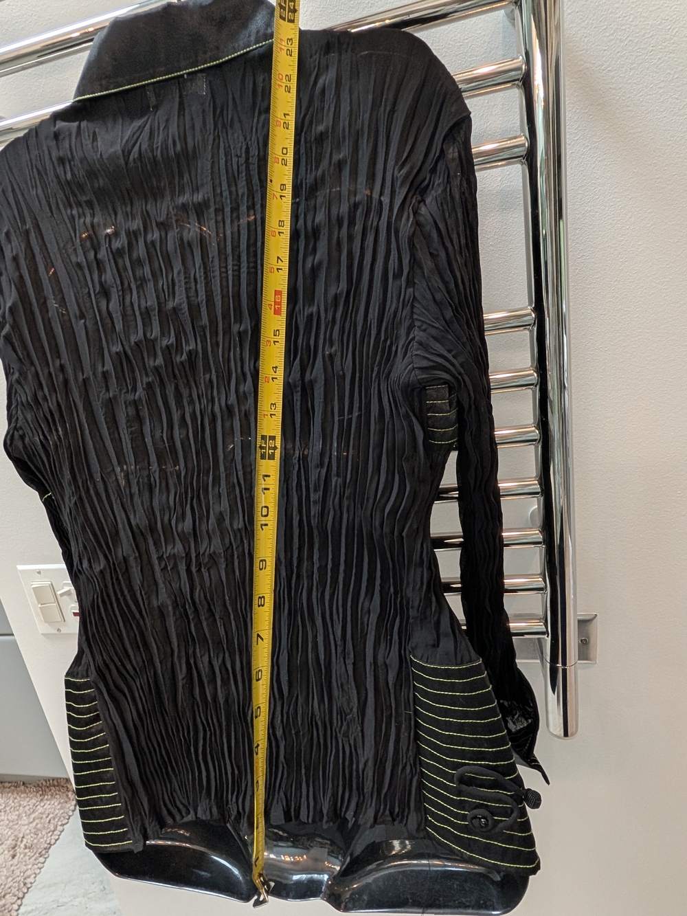 Women's Black Ribbed Satin Blouse With Satin Collar, Lime Green Details